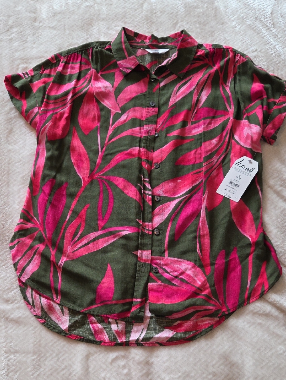 Tropical Print Olive Green & Fuchsia Button-Front Short Sleeve Top Size Small